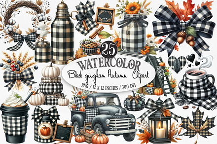Watercolor Black Gingham Autumn PNG