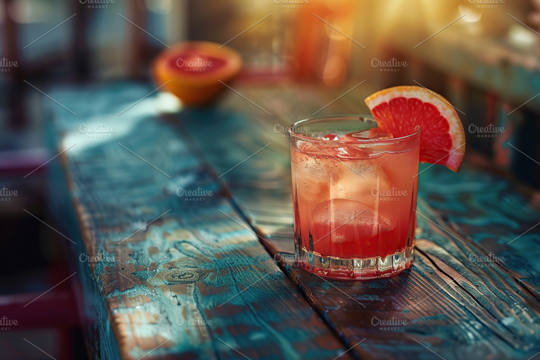 Red grapefruit cocktail in glass on wooden table, a Food & Drink Photo by AlyaAnd