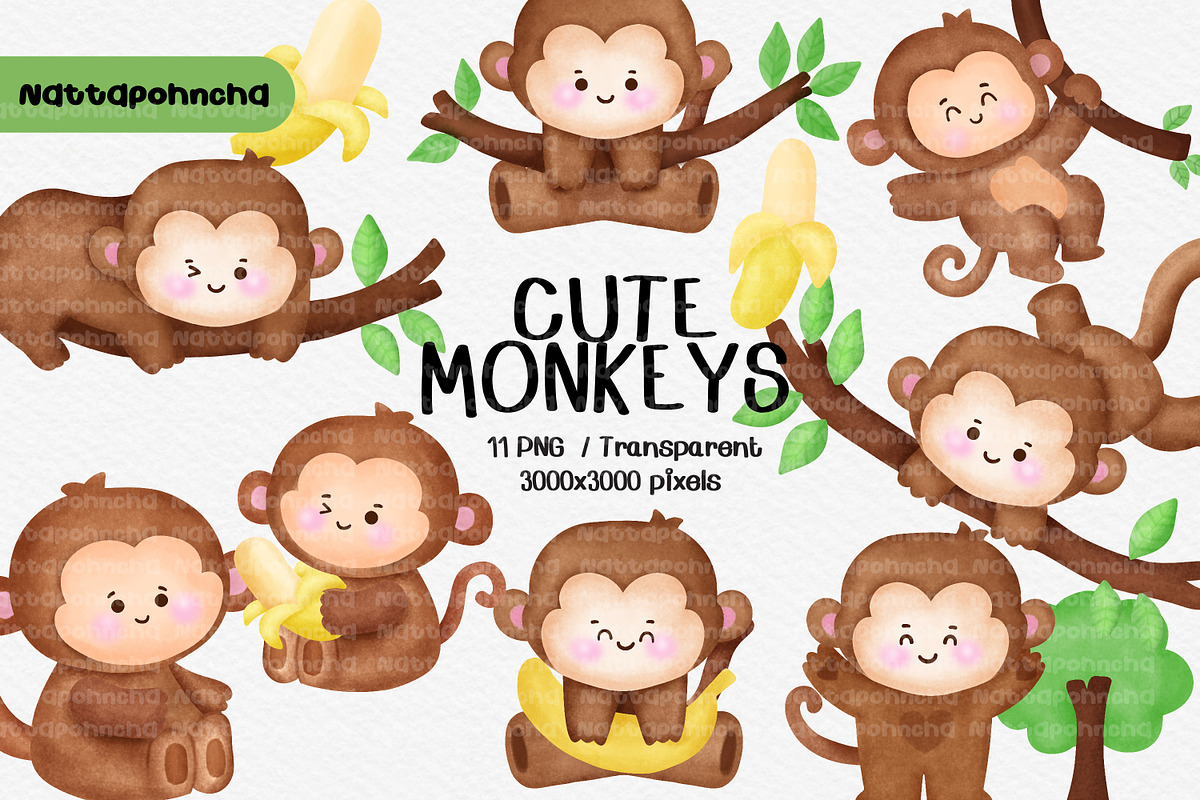 Watercolor Cute Monkey PNG Bundle, an Animal Illustration by Nattapohncha (Photo 1 of 4)
