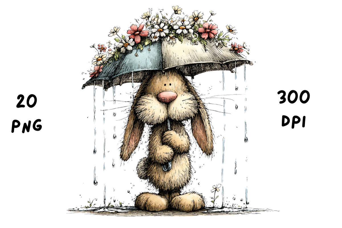 Whimsical Rainy Bunny Clipart, an Animal Illustration by GiraffeCreative (Photo 8 of 19)