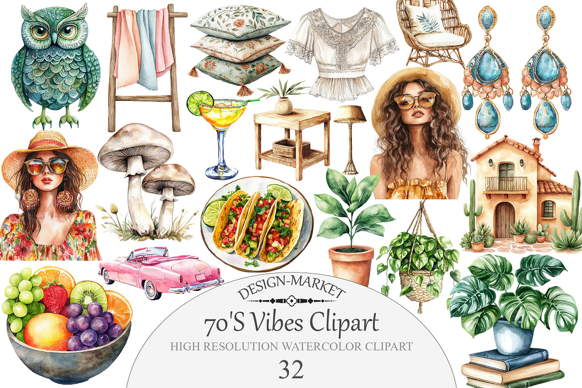 Watercolor 70'S Vibes Clipart, an Illustration by Design Market (Photo 1 of 4)
