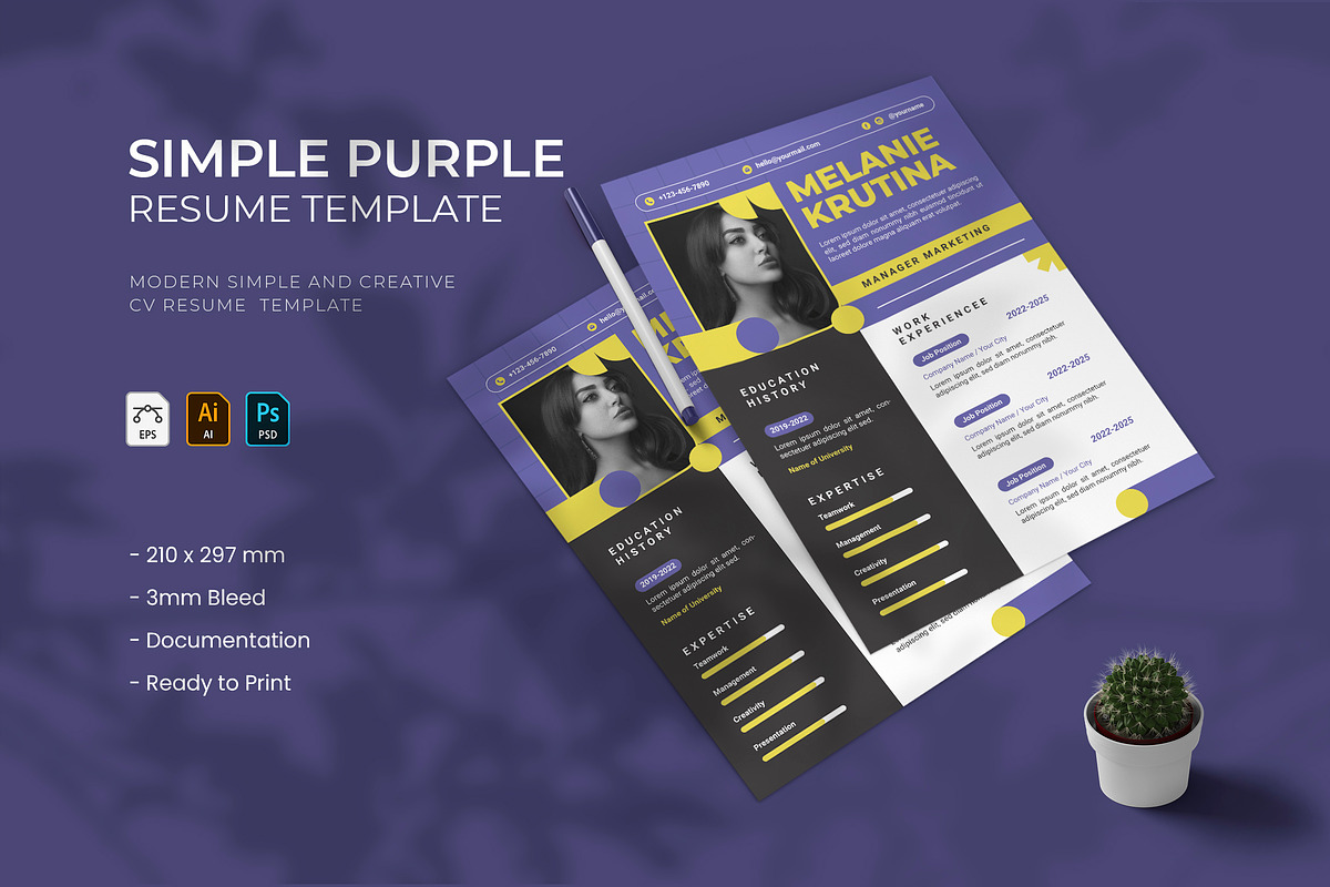 Simple Purple - Resume Template, a Print Template by VUNIRA (Photo 1 of 2)