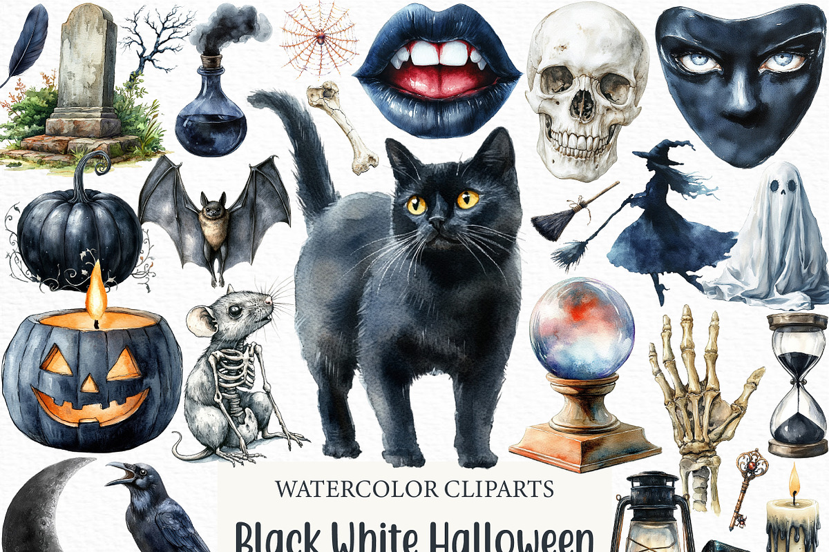 Watercolor Black White Halloween, an Illustration by Craft Nest (Photo 1 of 6)