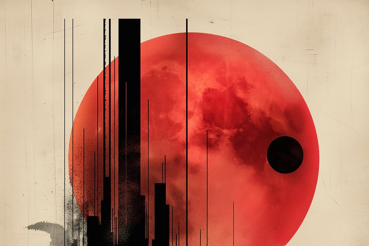 An abstract digital artwork featuring a large red moon and geome, a Decorative Illustration by ImageMir