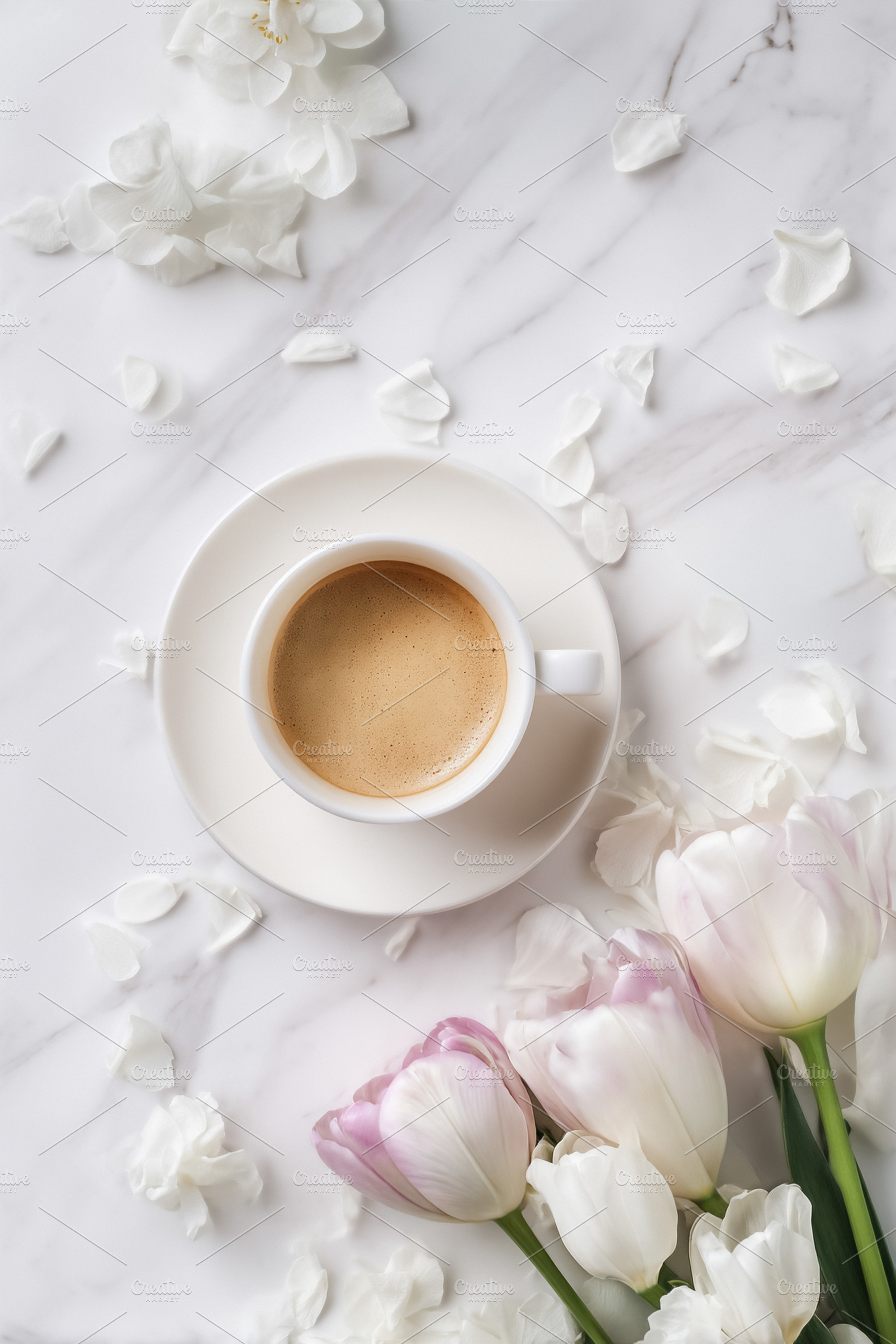 Espresso coffee cup and fresh pastel tulips creating a beautiful, a Photo by Studio ANNA