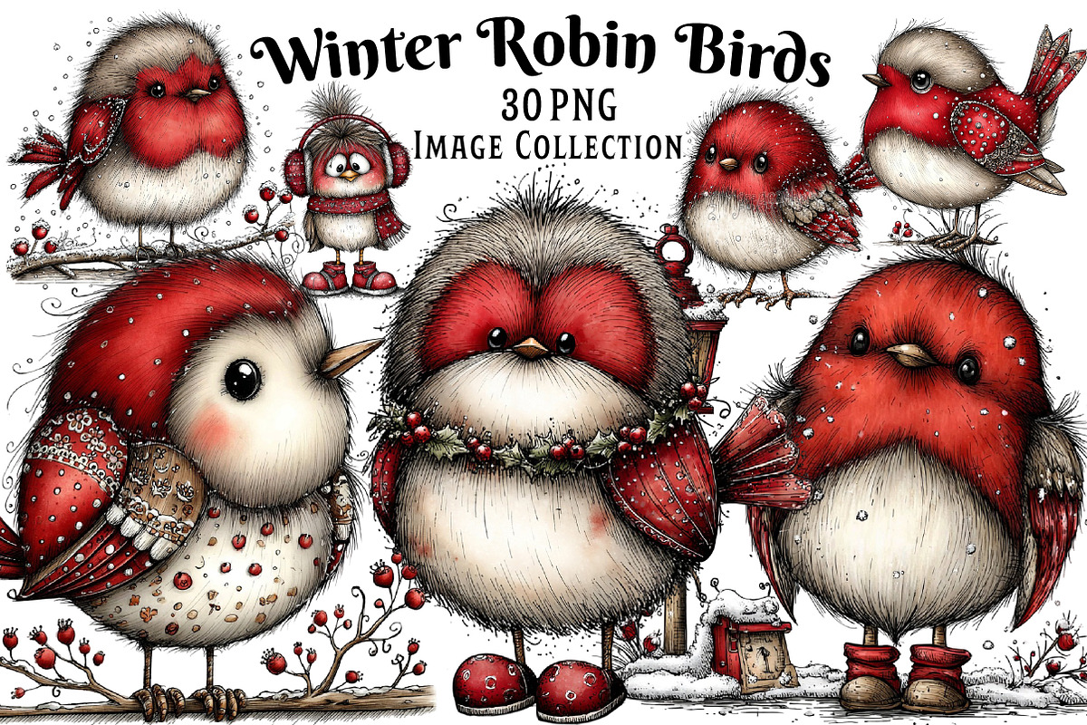 Whimsical Winter Robin Birds Clipart, an Illustration by Dream Creation (Photo 1 of 7)