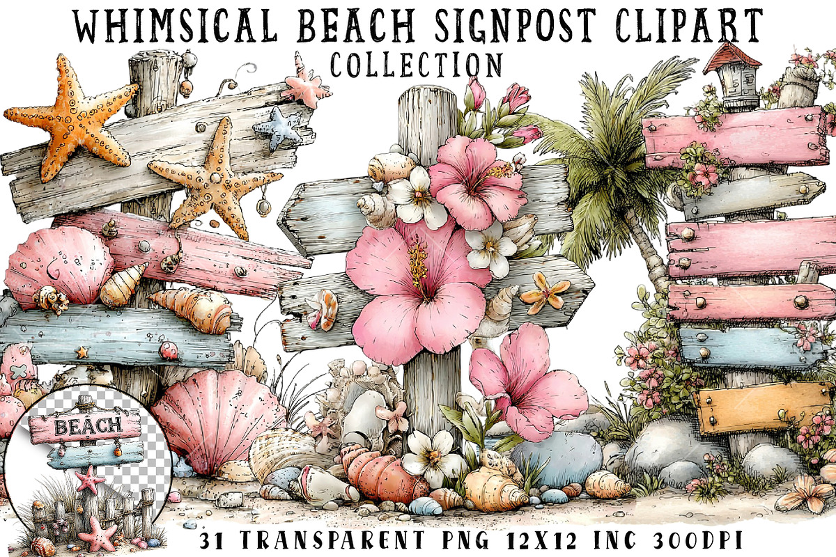 Whimsical Beach Signpost Clipart, an Illustration by OK Design (Photo 1 of 6)