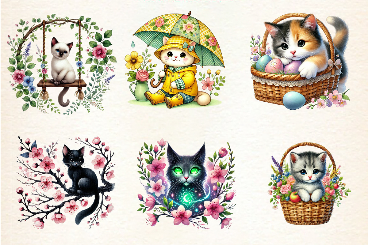 Spring Cats Sublimation Clipart, an Animal Illustration by DreamArtGraphic (Photo 2 of 4)