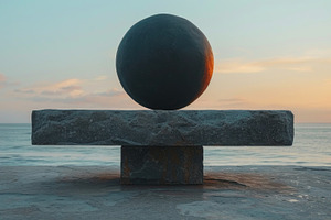 Black Stone Sphere Balanced on Minimal Platform by the Sea, a Background Photo by José Manuel Gelpi