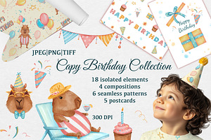 Capybara Birthday Clipart Set, an Animal Illustration by ZabolotnaArt
