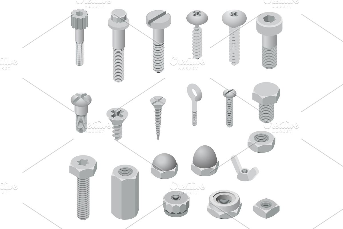 Screw-bolt icons set, isometric, an Illustration by Ylivdesign