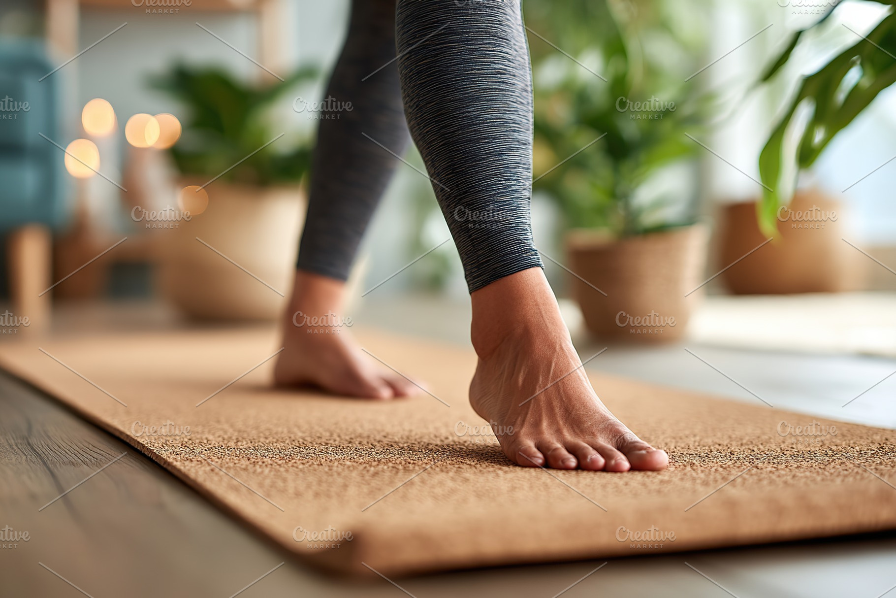 Gentle yoga practice on a natural mat in a calm indoor setting with greenery, a Photo by AlyaAnd