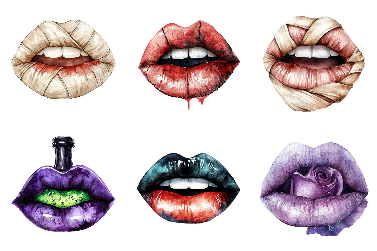 Watercolor Halloween Lips Clipart, a Seasonal Illustration by CitraGraphics (Photo 2 of 7)