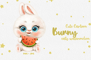 White rabbit eats watermelon, an Animal Illustration by Azuzlikus