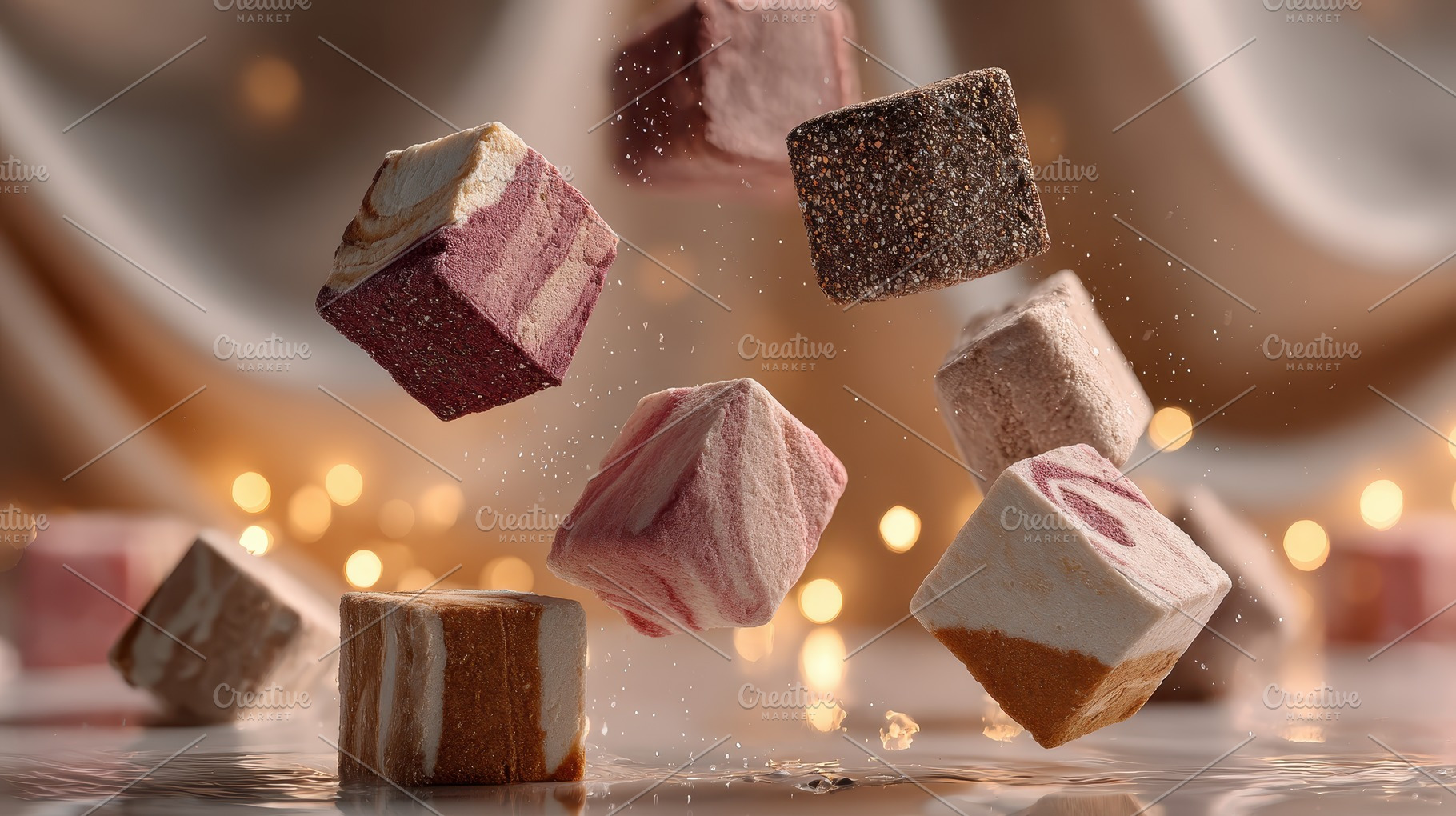 Colorful marshmallows falling into w, a Photo by Pixeness Studio
