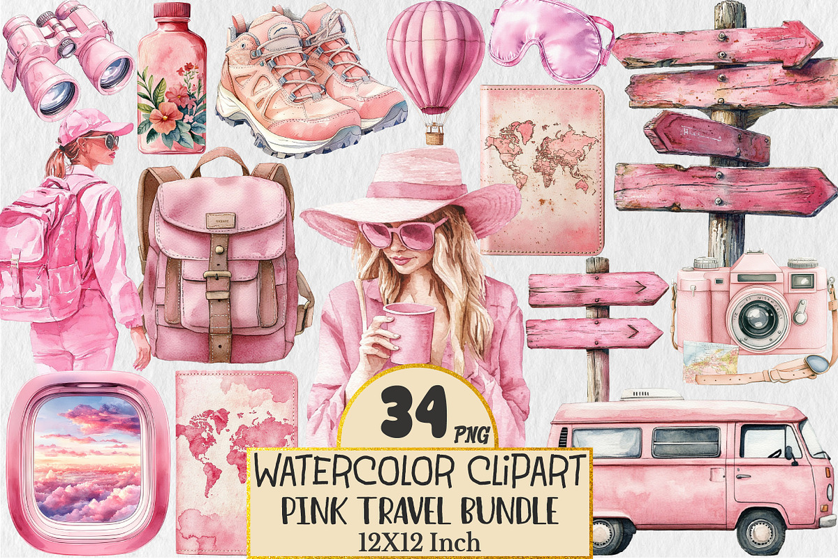 Watercolor Pink Travel Clipart, a Seasonal Illustration by Rose Art (Photo 1 of 4)