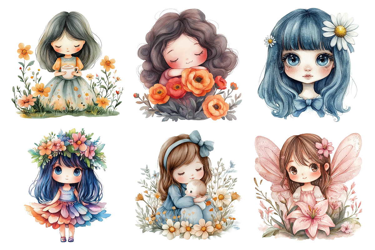 Cute Chibi Floral Girls Clipart, an Illustration by Daily.Designs (Photo 5 of 5)