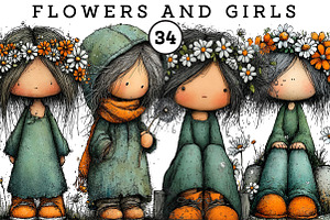 Flowers and Girls Clipart, an Illustration by CreationArt