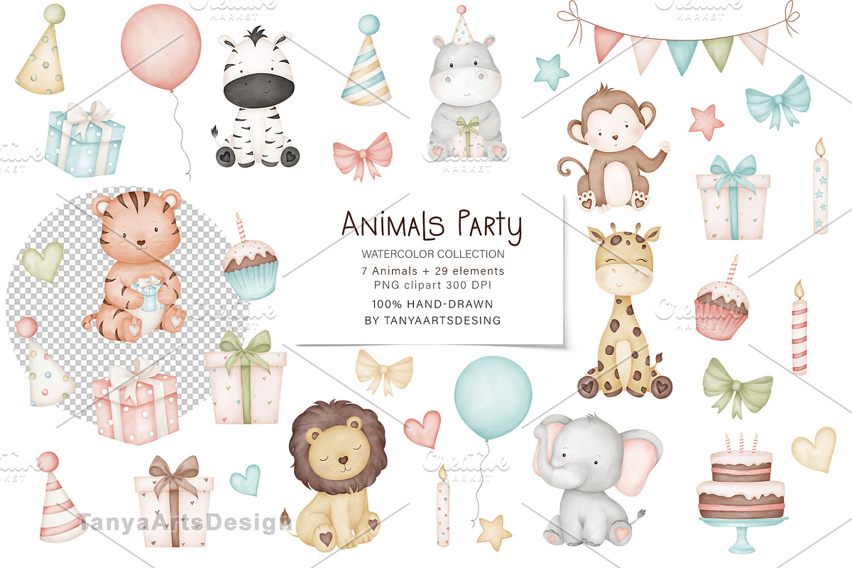 Cute animals birthday party clipart, an Illustration by TanyaArtsDesign (Photo 2 of 3)