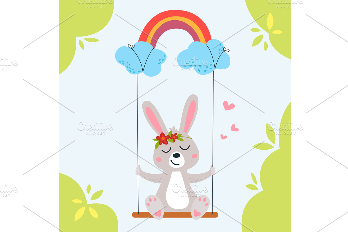 Cute bunny on swing. Seasonal funny, an Animal Illustration by LadadikArt