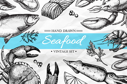 Seafood. Hand Drawn Vintage Set