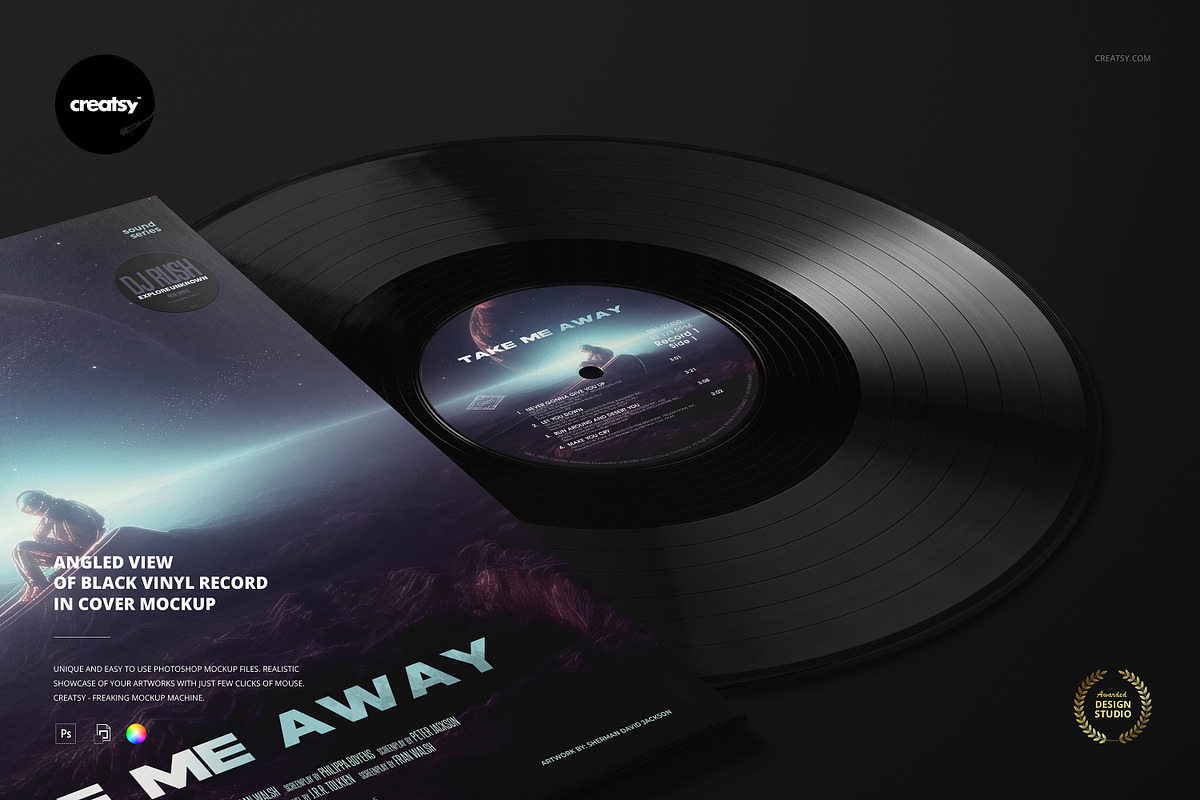 Black Vinyl Record in Cover Mockup, a Product Mockup by creatsy5 (Photo 1 of 5)