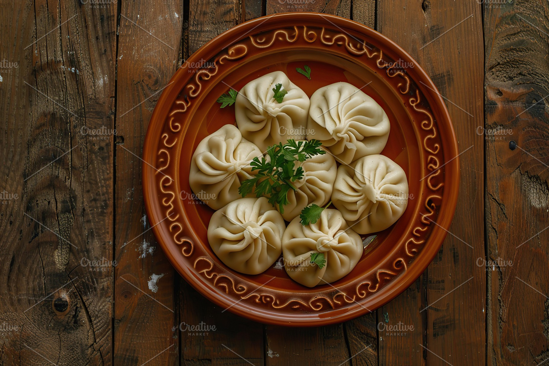 Homemade meat khinkali in plate on wooden table, a Food & Drink Photo by AlyaAnd