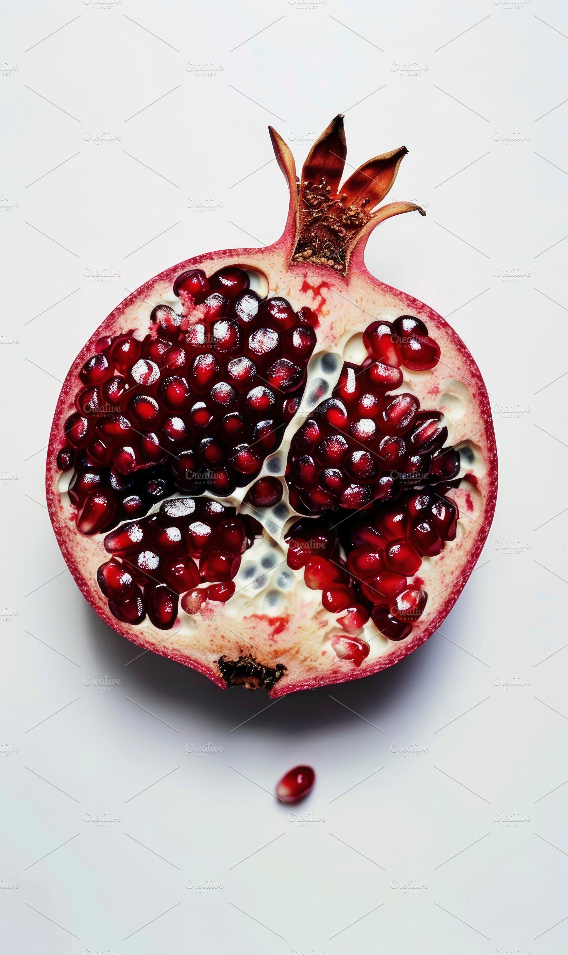 A ripe, juicy pomegranate cut open t, a Photo by LOGOCREATIVE
