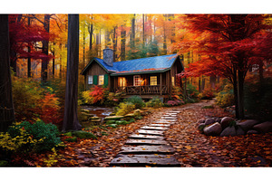 forest fall trees house ai generated, a Beauty & Fashion Photo by pikepicture