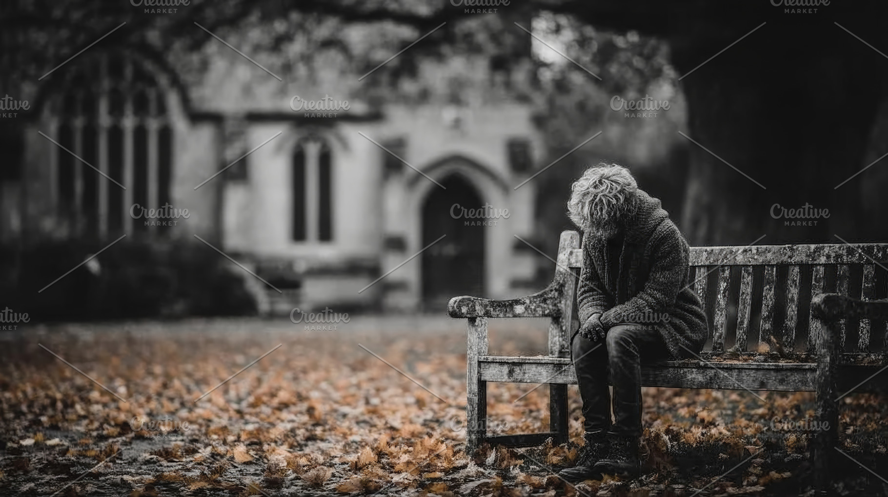 Lonely elderly woman sitting on a park bench outside an old church in autumn, a, a Photo by AS photostudio