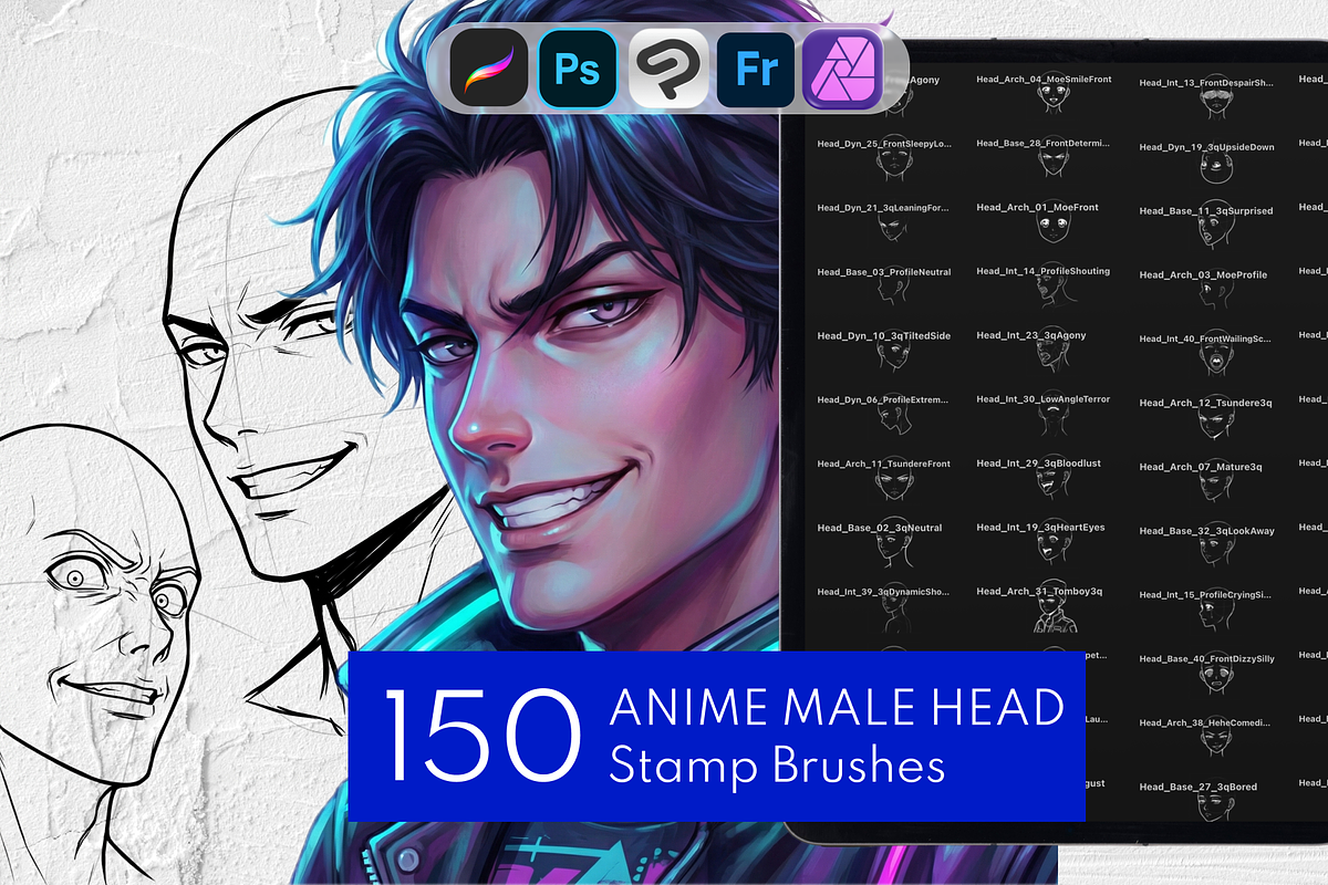150+ Anime Male Head Procreate Stamp, a Brush Add-On by Selentaori Studio (Photo 1 of 11)