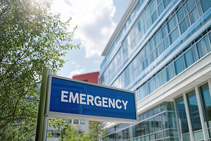 Bright red emergency signage prominently displayed outside a modern healthcare, a Health & Medical Photo by AlyaAnd