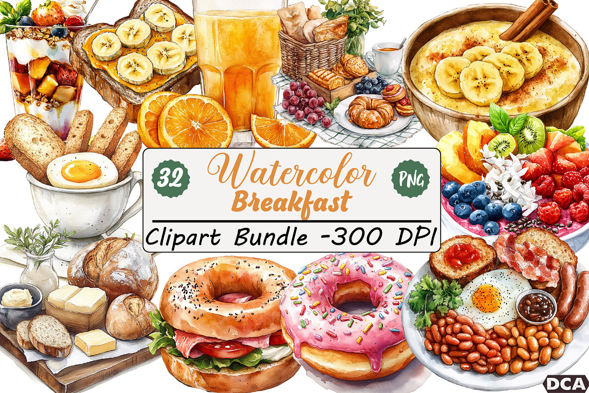 Watercolor Breakfast Clipart Png, an Illustration by DreamCafeArt (Photo 1 of 7)