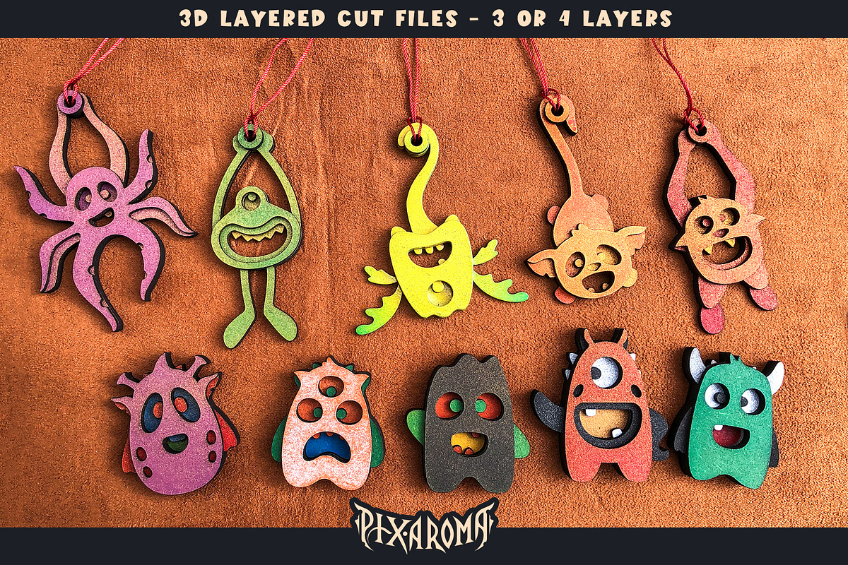 10 Cute Monsters 3D Layered Cut File, an Illustration by pixaroma (Photo 2 of 13)