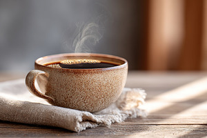 Warm coffee cup sits on wooden table with steam rising in cozy interior setting, a Food & Drink Photo by AlyaAnd