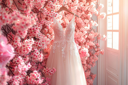 Elegant Wedding Dress on Hanger Surrounded by Blossoms in Brightly Lit Room, a Photo by AS photostudio