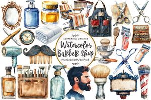 Watercolor Barber Shop Clipart, an Illustration by OK Design