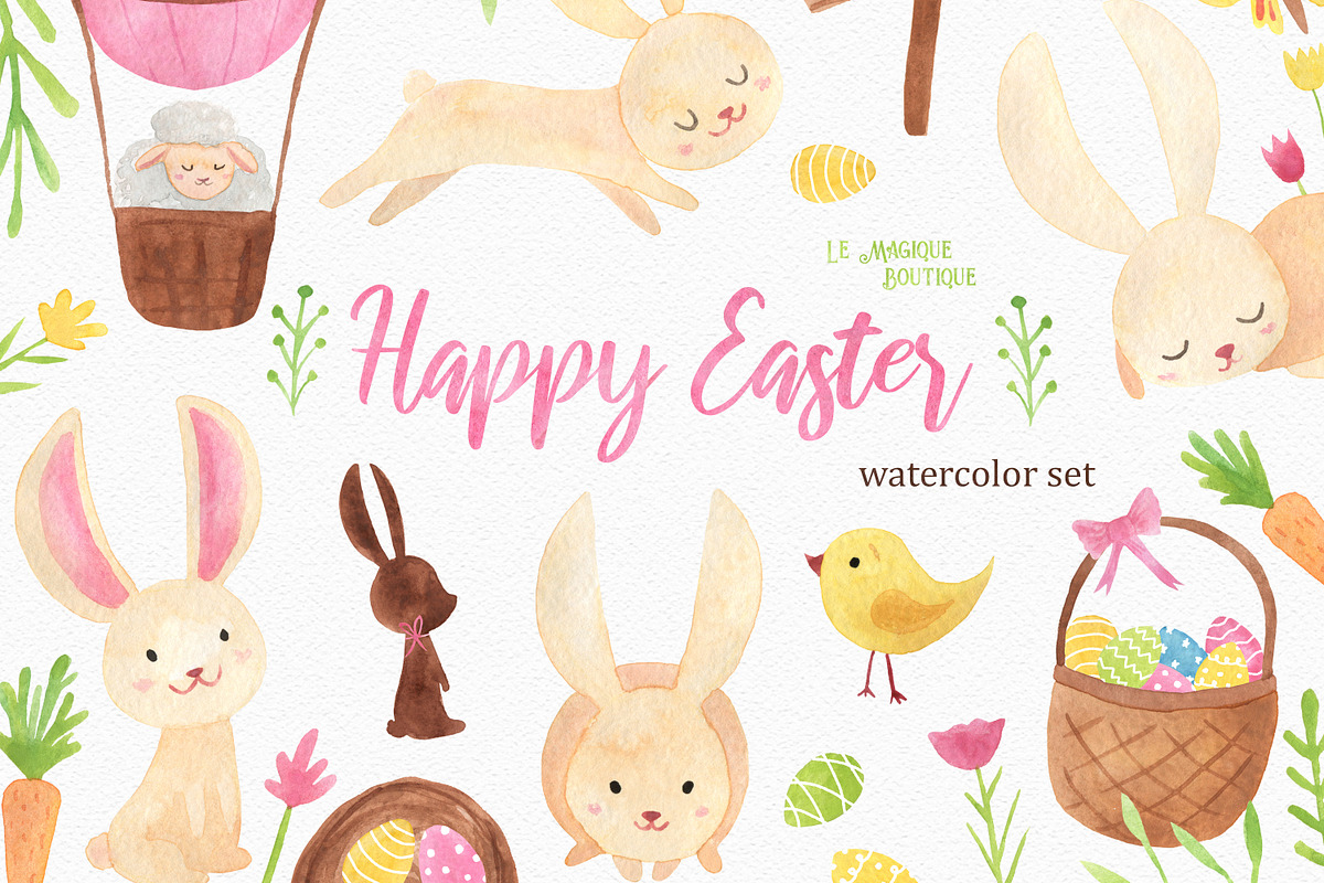 Happy Easter Watercolor Set, an Illustration by LeMagiqueBoutique (Photo 1 of 6)