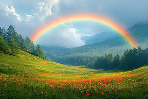 Beautiful rainbow on top of green forest and mountains, a Nature Photo by AlyaAnd