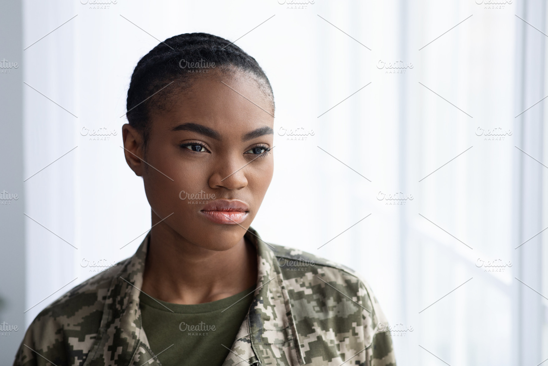 Closeup Portrait Of Serious Black Female Soldier Standing Near Window ...