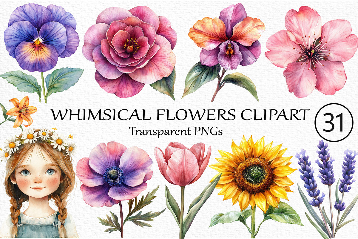 Whimsical Flowers Clipart Bundle, an Illustration by Craft Nest (Photo 1 of 6)