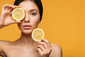 Lemon Beauty Portrait on Yellow Back