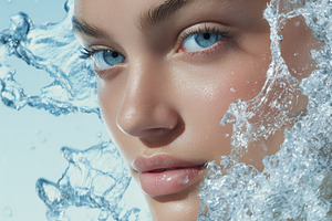 Woman with fresh clean face and blue eyes emerging from splashing water showing, a Photo by Studio ANNA
