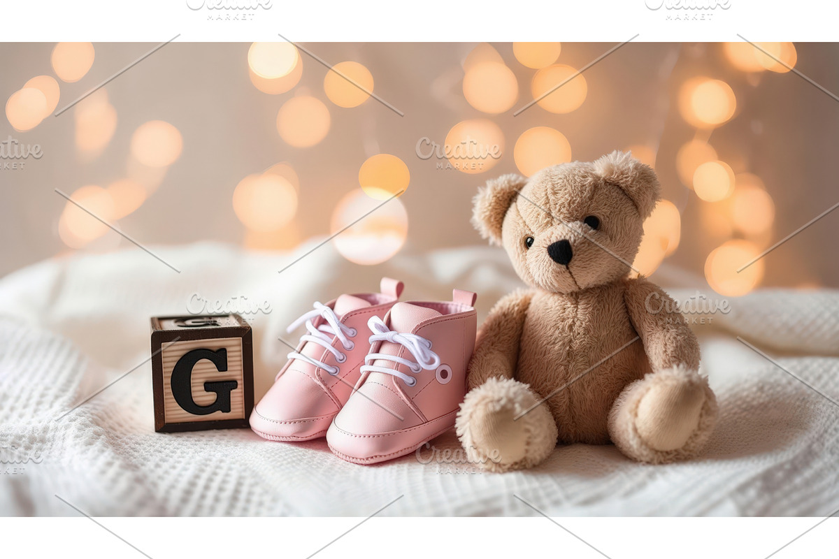 Pink baby shoes, teddy bear, and, an Illustration by tilialucida