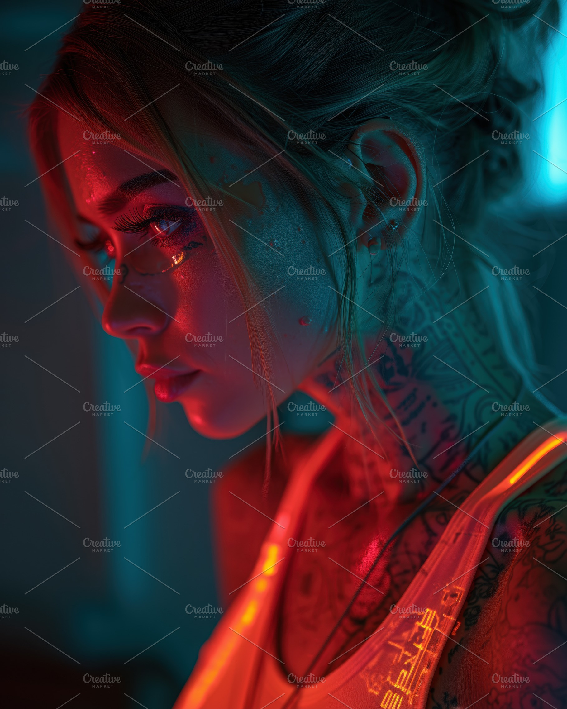 A close-up portrait of a young woman with intricate tattoos on her neck and fac, a Person Photo by Textures & Backgrounds