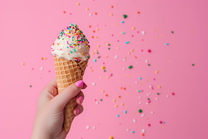 Ice cream with sprinkles in waffle cone in female hand, a Food & Drink Photo by AlyaAnd