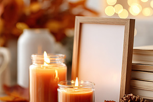 Warm candlelight adorns cozy autumn decor with glowing lights and fall leaves, a Photo by AlyaAnd