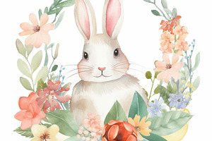 Watercolor cute bunny with a floral, a Photo by Iftikhar Alam