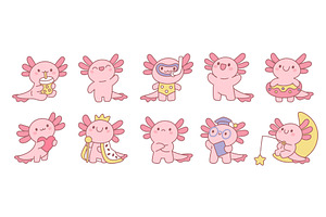 Pink funny axolotls. Kawaii animal, an Animal Illustration by YummyBuum