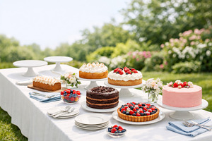 Cake picnic setup with various desse, a Photo by Dvoevnore photos
